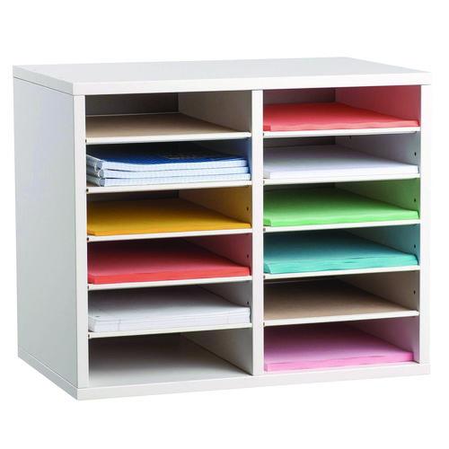 Picture of Wood Adjustable 12 Compartment Literature Organizer, 12 Sections, Letter Size, 20 x 11.8 x 16.3, White