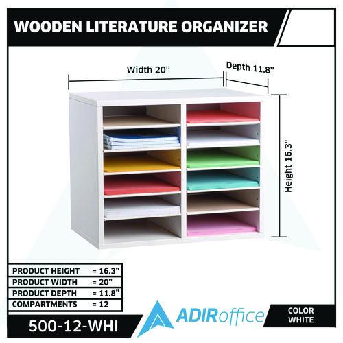 Picture of Wood Adjustable 12 Compartment Literature Organizer, 12 Sections, Letter Size, 20 x 11.8 x 16.3, White