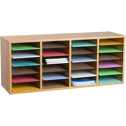 Picture of Wood Adjustable 24 Compartment Literature Organizer, 24 Sections, Letter Size, 39.3 x 11.8 x 16.3, Medium Oak