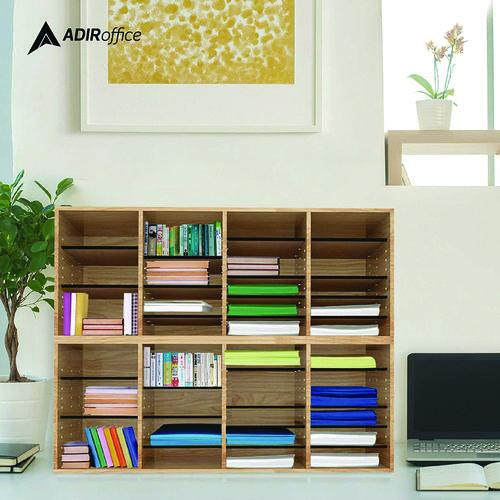 Picture of Wood Adjustable 24 Compartment Literature Organizer, 24 Sections, Letter Size, 39.3 x 11.8 x 16.3, Medium Oak