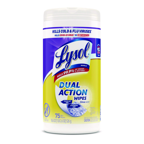 Dual+Action+Disinfecting+Wipes%2C+1-Ply%2C+7+x+7.5%2C+Citrus%2C+White%2FPurple%2C+75%2FCanister