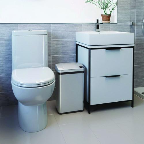 Picture of Rectangular Sensor Trash Can, 4 gal, Plastic/Stainless Steel, Silver