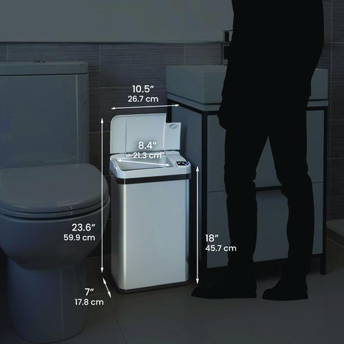 Picture of Rectangular Sensor Trash Can, 4 gal, Plastic/Stainless Steel, Silver