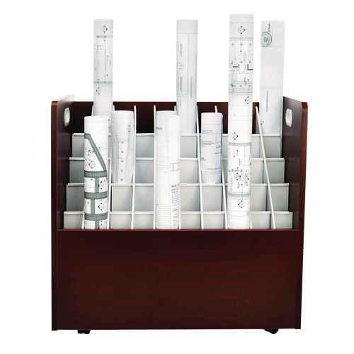 Picture of 50-Compartment Mobile Wood Blueprint Rolled File Storage Organizer, 50 Compartments, 30 x 15.75 x 28.5, Mahogany
