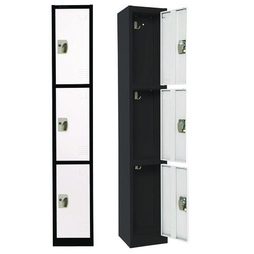 Picture of Steel Storage Locker, 3 Compartment, 12 x 12 x 72, Black Body/White Doors