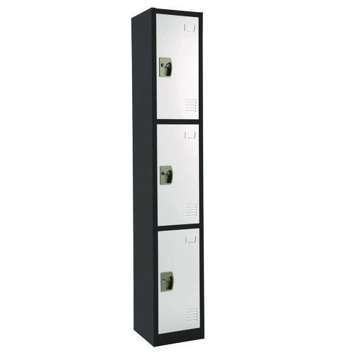 Picture of Steel Storage Locker, 3 Compartment, 12 x 12 x 72, Black Body/White Doors