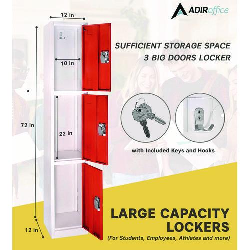 Picture of Steel Storage Locker, 3 Compartment, 12 x 12 x 72, Red