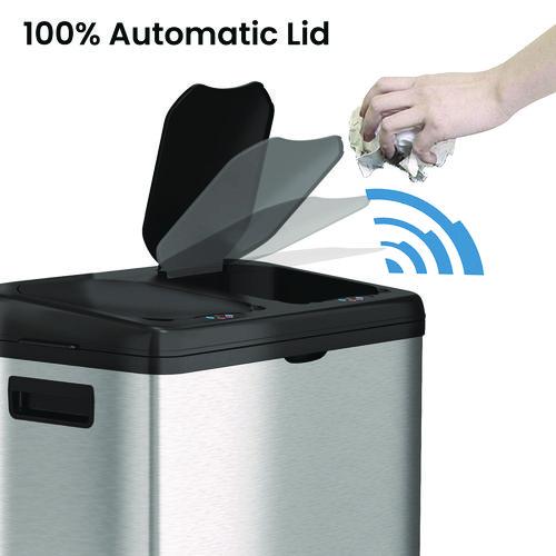 Picture of Dual Compartment Sensor Recycle Bin and Trash Can with Wheels, 16 gal, Plastic/Stainless Steel, Silver/Black