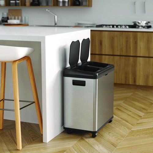 Picture of Dual Compartment Sensor Recycle Bin and Trash Can with Wheels, 16 gal, Plastic/Stainless Steel, Silver/Black