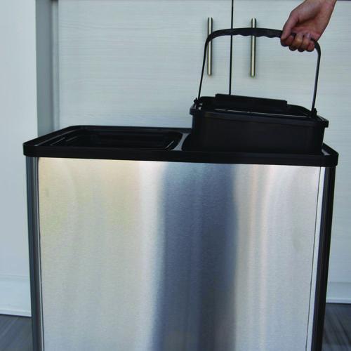Picture of Dual Compartment Sensor Recycle Bin and Trash Can with Wheels, 16 gal, Plastic/Stainless Steel, Silver/Black