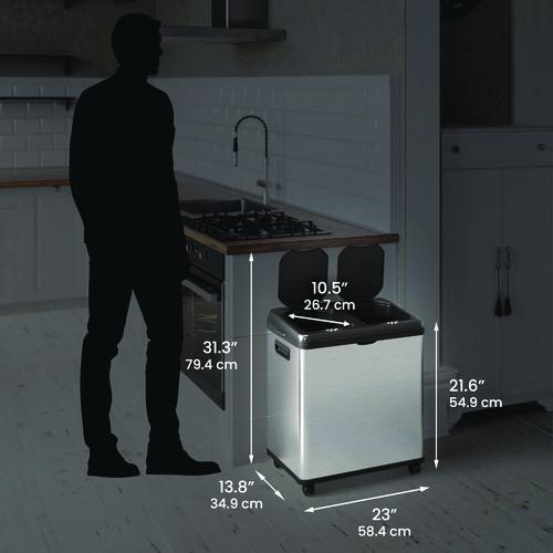 Picture of Dual Compartment Sensor Recycle Bin and Trash Can with Wheels, 16 gal, Plastic/Stainless Steel, Silver/Black
