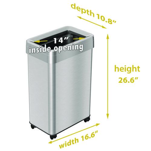 Picture of Open Top Trash Can with Wheels, Rectangular, 16 gal, Plastic/Stainless Steel, Silver