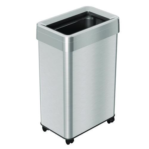 Picture of Open Top Trash Can with Wheels, Rectangular, 16 gal, Plastic/Stainless Steel, Silver