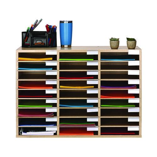 Picture of Wooden 27 Compartment Literature Organizer, 27 Sections, Letter Size, 31.49 x 11.81 x 21.65, Medium Oak