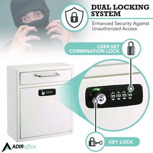 Picture of Medium Secure Drop Box Wall Mounted Locking Mail Box with Key and Combination Lock, 10.51 x 4.72 x 12, White