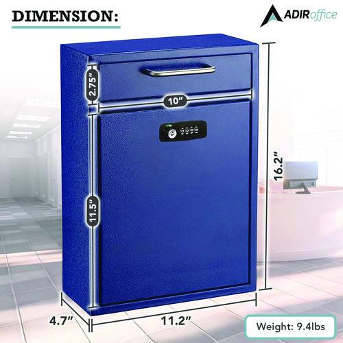 Picture of Large Secure Drop Box Wall Mounted Locking Mail Box with Key and Combination lock, 11.2 x 4.7 x 16.2, Blue