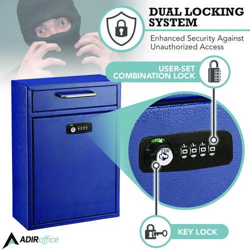 Picture of Large Secure Drop Box Wall Mounted Locking Mail Box with Key and Combination lock, 11.2 x 4.7 x 16.2, Blue