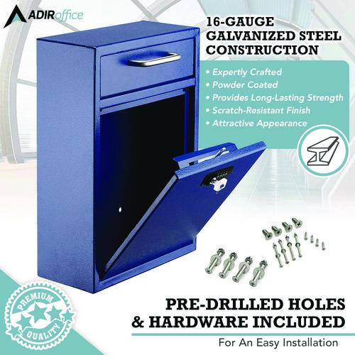 Picture of Large Secure Drop Box Wall Mounted Locking Mail Box with Key and Combination lock, 11.2 x 4.7 x 16.2, Blue