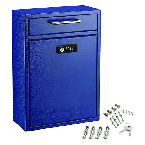 Picture of Large Secure Drop Box Wall Mounted Locking Mail Box with Key and Combination lock, 11.2 x 4.7 x 16.2, Blue