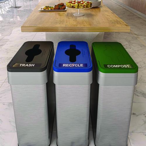 Picture of Open Top Trash Bin with Wheels and Color-Coded Lid, 21 gal, Plastic/Stainless Steel, Silver/Black