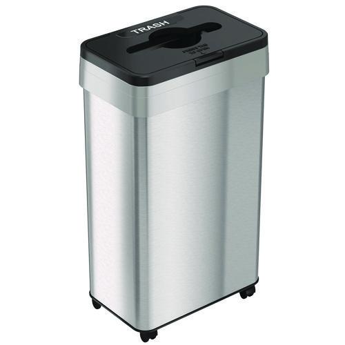 Picture of Open Top Trash Bin with Wheels and Color-Coded Lid, 21 gal, Plastic/Stainless Steel, Silver/Black