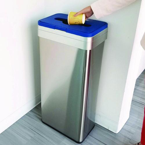 Picture of Open Top Recycle Bin with Color-Coded Lid, 21 gal, Plastic/Stainless Steel, Silver/Blue