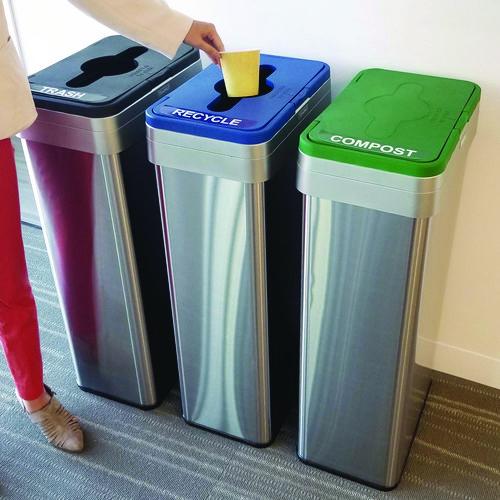 Picture of Open Top Trash Can/Recycle Bin/Compost Bin w/Color-Coded Lids Set, 21 gal, Plastic/Stainless Steel, Silver/Black/Blue/Green