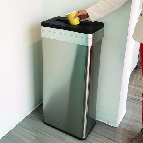 Picture of Open Top Trash Can with Color-Coded Lid, 21 gal, Plastic/Stainless Steel, Silver/Black