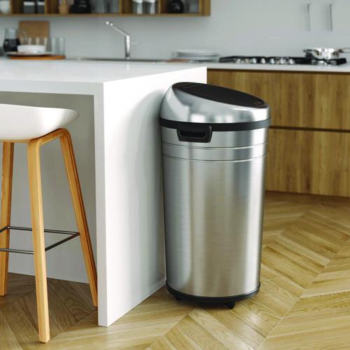 Picture of Extra-Large Sensor Trash Can with Wheels, 23 gal, Plastic/Stainless Steel, Silver/Black