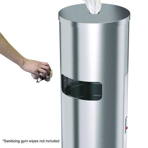 Picture of Side-Entry Trash Can with Gym Wipe Dispenser, 9 gal, Stainless Steel, Silver