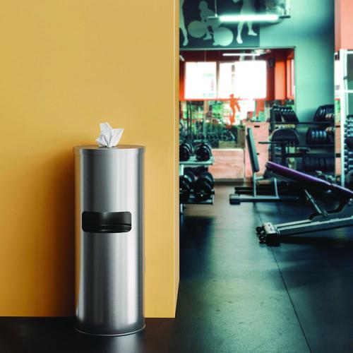 Picture of Side-Entry Trash Can with Gym Wipe Dispenser, 9 gal, Stainless Steel, Silver