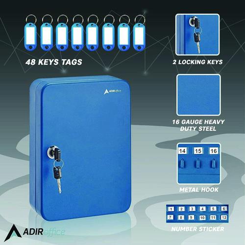 Picture of Steel Secure Key Cabinet with Key Lock, 48-Key, 7.1 x 3.1 x 10, Stainless Steel 304, Blue