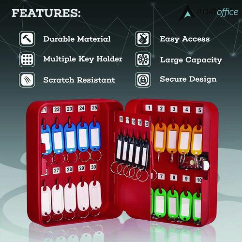 Picture of Steel Heavy-Duty Key Cabinet with Combination Lock, 30-Key, 6.4 x 3 x 8, Stainless Steel 304, Red