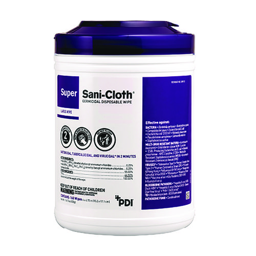 Picture of Super Sani-Cloth Germicidal Disposable Wipes, 1-Ply, 6 x 6.75, Unscented, White, 160/Canister, 12 Canisters/Carton