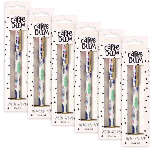 Picture of Carpe Diem Metal Gel Pen, Stick, Medium 0.7 mm, Black Ink, White/Blue/Green Feather Barrel, 6/Pack