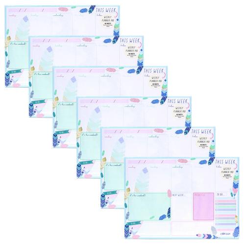 Picture of Weekly Planner Pad, Feathers, 11.7 x 8.3, Blue/Cream/Pink Cover, 12-Month, Undated, 6/Pack