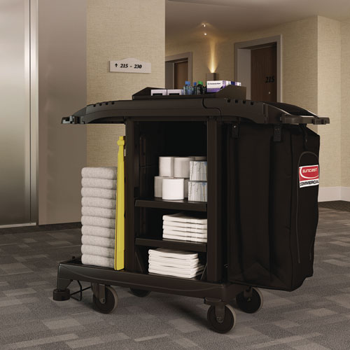 Picture of Compact Standard Housekeeping Cart, Plastic, 1 Shelf, 23.25" x 53.18" x 46.57", Black