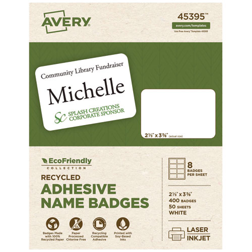 Ecofriendly+Adhesive+Name+Badge+Labels%2C+3.38+X+2.33%2C+White%2C+400%2Fbox