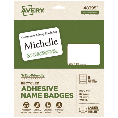 Ecofriendly+Adhesive+Name+Badge+Labels%2C+3.38+X+2.33%2C+White%2C+80%2Fpack