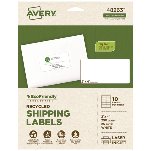 Picture of EcoFriendly Mailing Labels, Inkjet/Laser Printers, 2 x 4, White, 10/Sheet, 25 Sheets/Pack