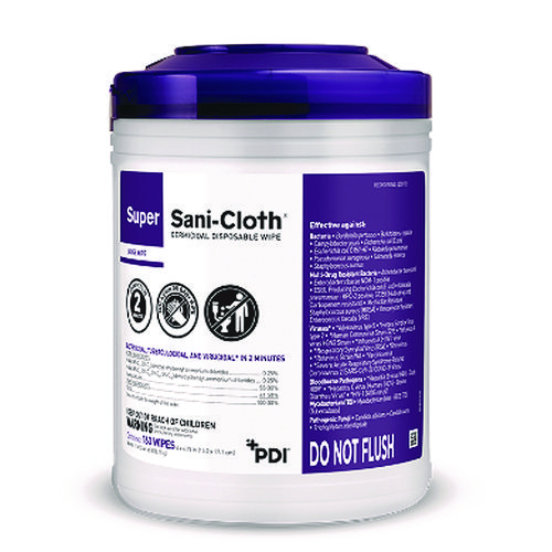 Picture of Super Sani-Cloth Germicidal Disposable Wipes, 1-Ply, 6 x 6.75, Unscented, White, 160/Canister, 12 Canisters/Carton