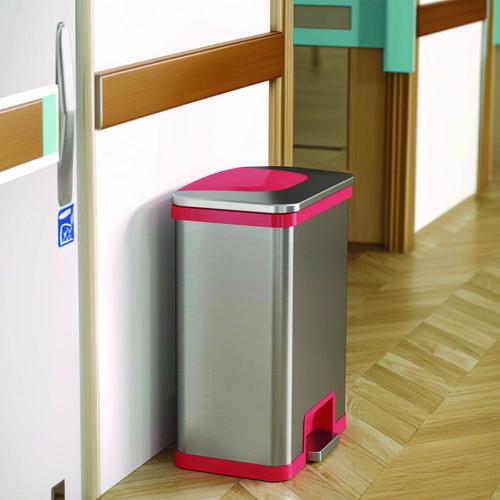 Picture of Step Pedal-Sensor Trash Can, 13 gal, Plastic/Stainless Steel, Silver/Red