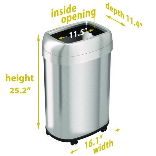 Picture of Open Top Trash Can with Wheels, Oval, 13 gal, Plastic/Stainless Steel, Silver