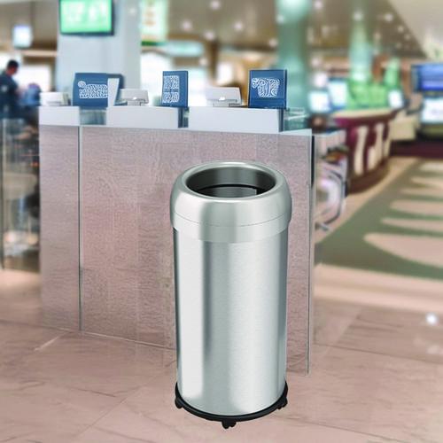 Picture of Open Top Trash Can with Wheels, Round, 16 gal, Plastic/Stainless Steel, Silver