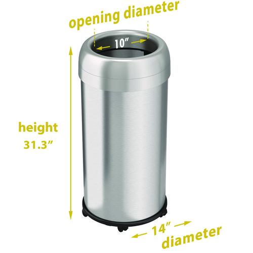 Picture of Open Top Trash Can with Wheels, Round, 16 gal, Plastic/Stainless Steel, Silver