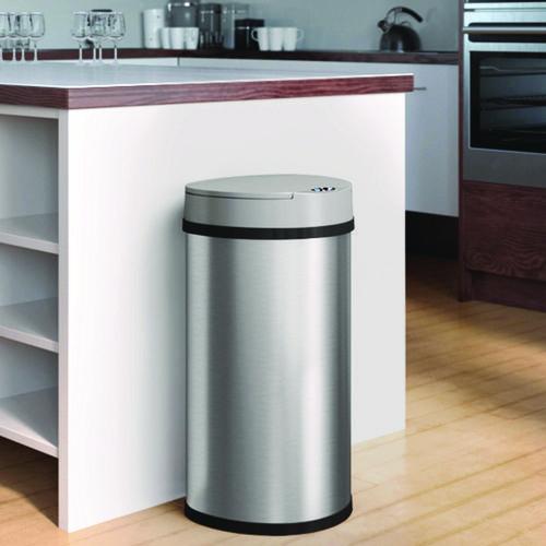 Picture of Sensor Trash Can, Half-Round Cylinder, 13 gal, Plastic/Stainless Steel, Silver