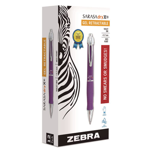 Picture of Sarasa Dry X10 Gel Pen, Retractable, Medium 0.7 mm, Violet Ink, Violet/Silver Barrel, 12/Pack