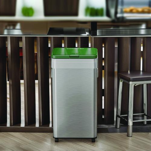 Picture of Open Top Compost Bin with Wheels and Color-Coded Lid, 21 gal, Plastic/Stainless Steel, Silver/Green