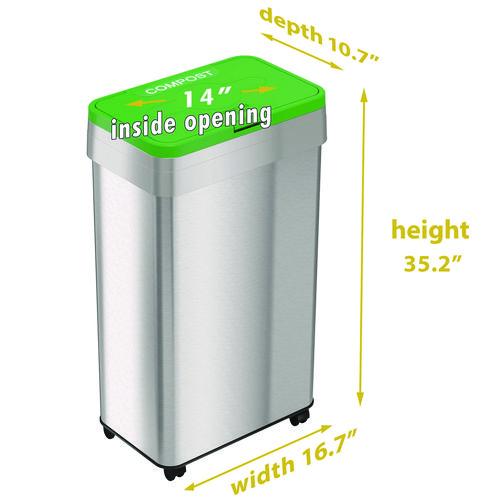 Picture of Open Top Compost Bin with Wheels and Color-Coded Lid, 21 gal, Plastic/Stainless Steel, Silver/Green