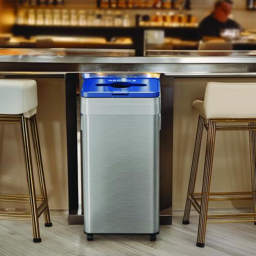 Picture of Open Top Recycling Bin with Wheels and Color-Coded Lid, 21 gal, Plastic/Stainless Steel, Silver/Blue